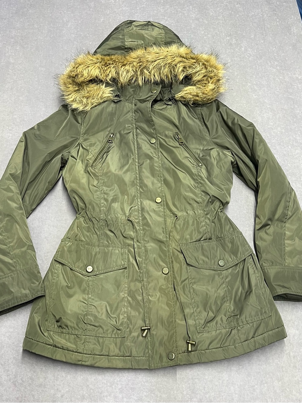 Women's Olive Green Hooded Bomber Parka with Faux Fur Trim